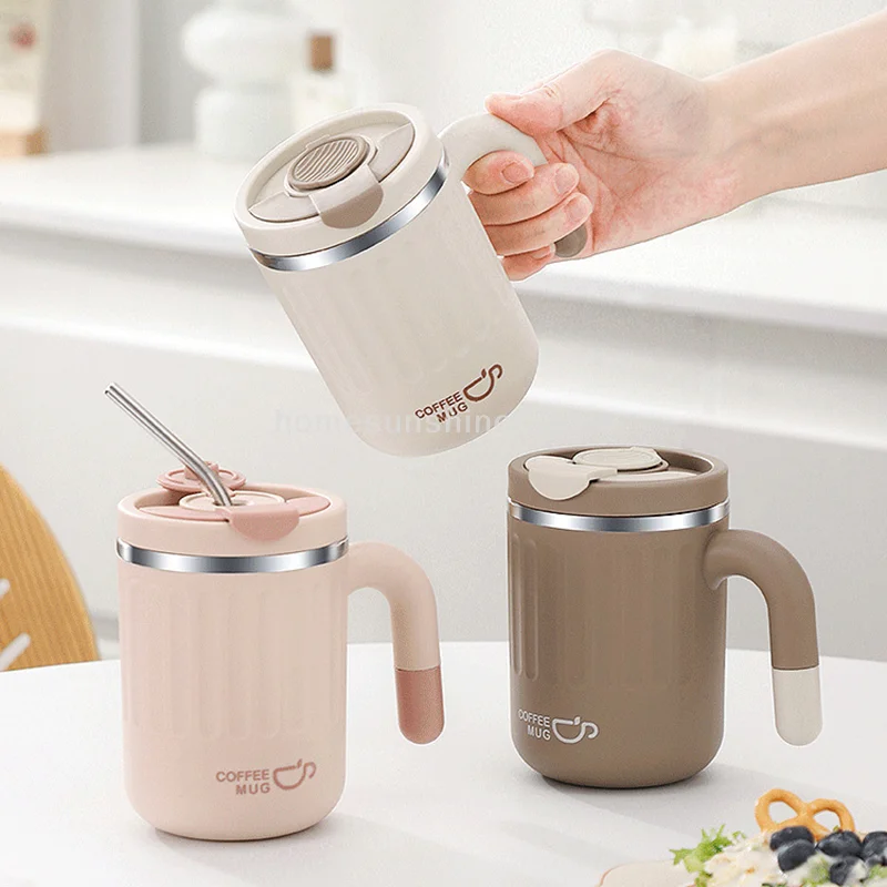 

480ML Heat-resistant Mug Stainless Steel Coffee Cup With Straw Breakfast Milk Mug Drinking Cup Office Water Cup For Girls Gift