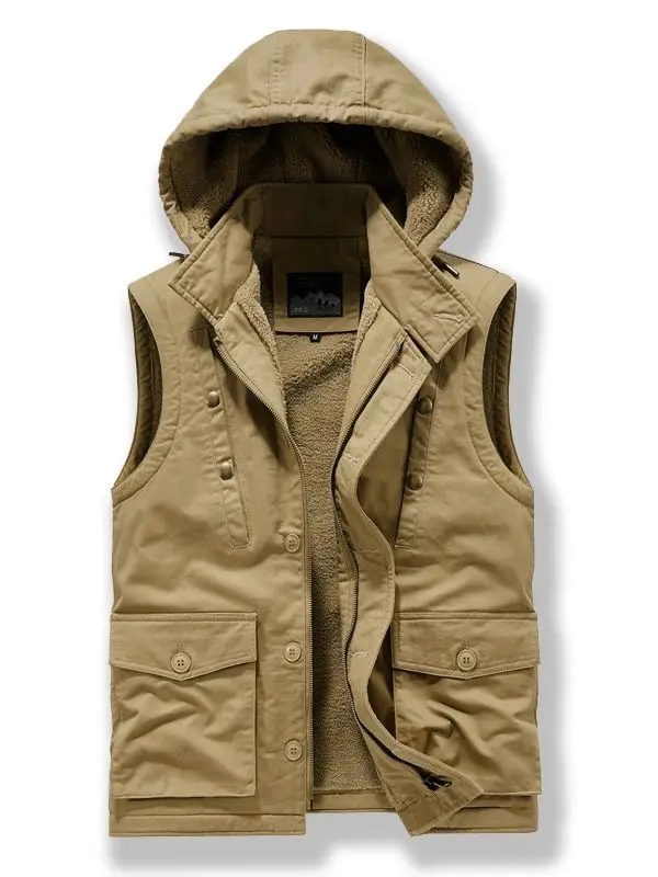 N1 Men Warm Cargo Winter Vest Fleece Lined Thermal Thick Waistcoats For Male Tops Plus Size M-4XL Solid Color