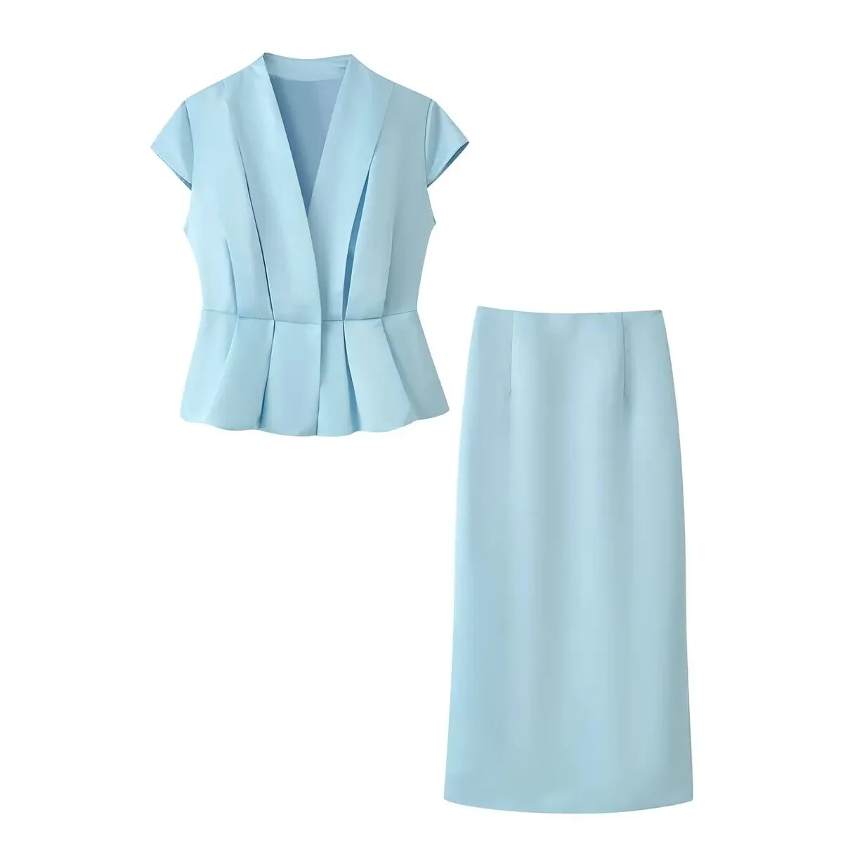 2026 new summer style retro temperament simple and fashionable silk satin texture pleated top slit hip skirt suit