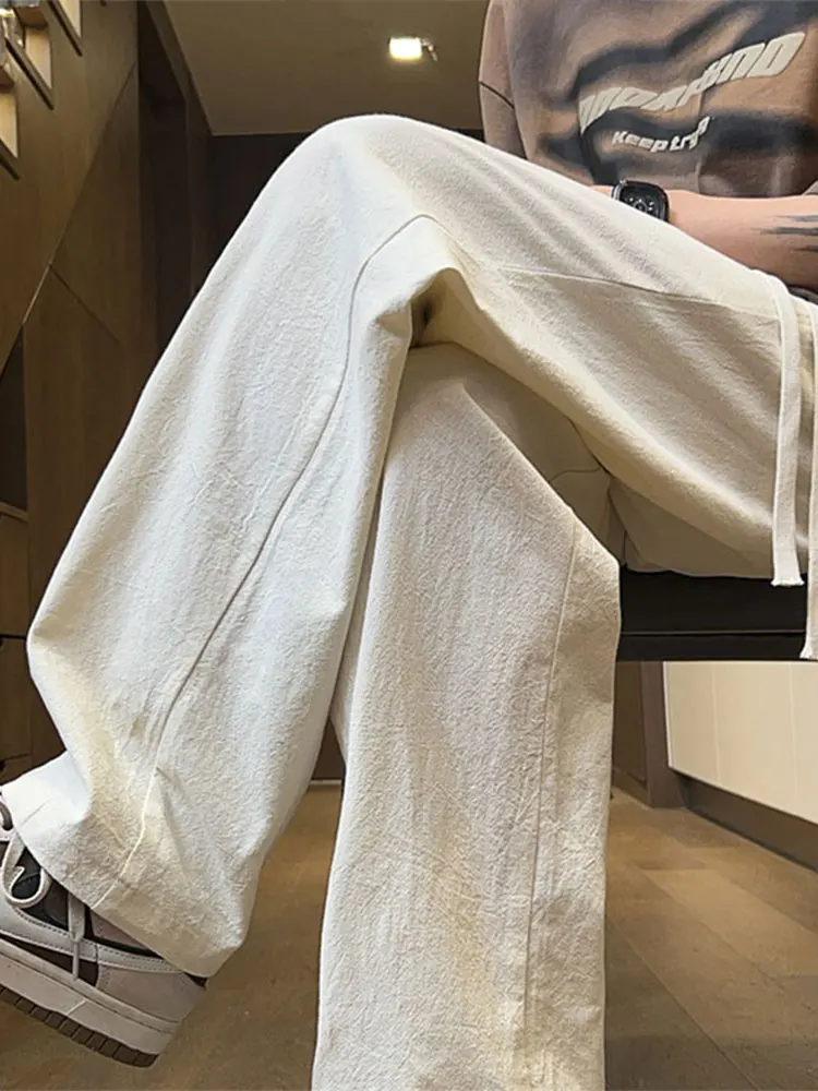 

Легкие повседневные брюки из льна и хлопка Qui-Dry, мужские летние тонкие драпированные брюки для подростков, брендовые прямые брюки большого размера