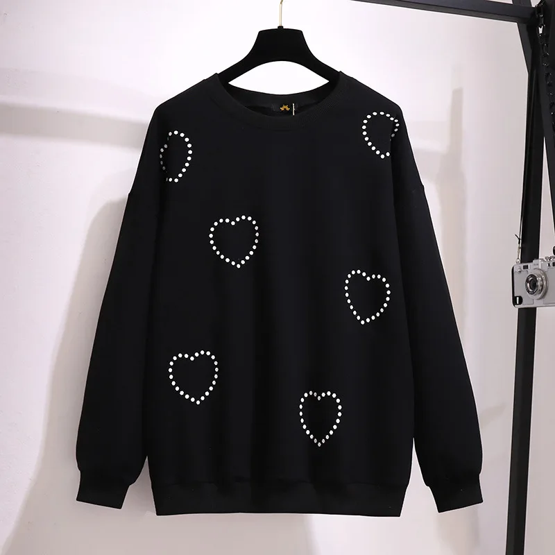 

2024 New Korean Love Print Black t Shirts For Women's Clothes Casual Sweatshirts Spring Autumn Large Size Hoodies Tops Tees AC44