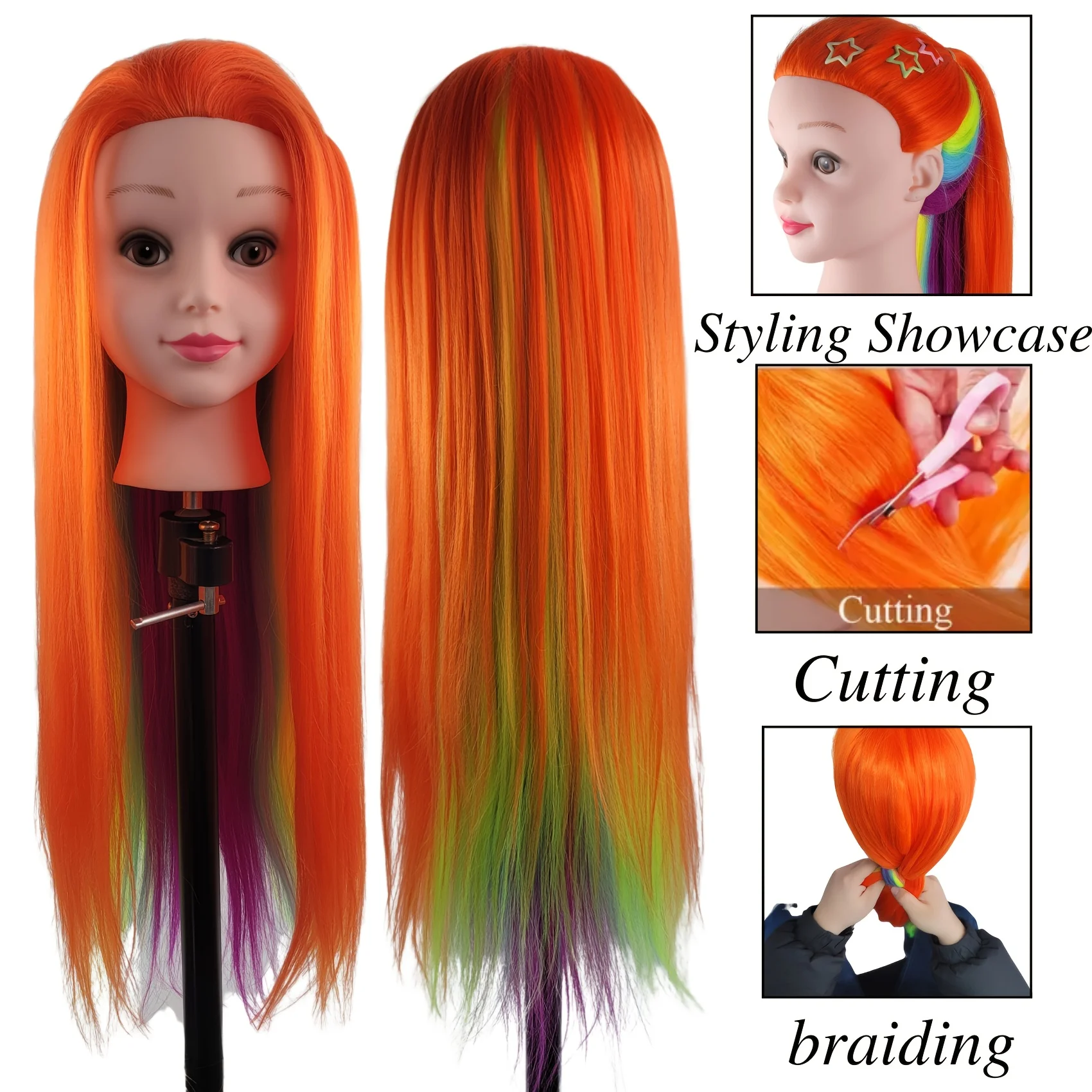 

Professional Hair Styling & Training Mannequin Head with Vibrant Cartoon Face 26" Durable Synthetic Rainbow Hair for Braiding