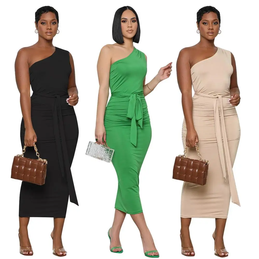 

Faionable Slim Fit Dr 9623 Трансграничный Sle Чистый цвет с застежкой на талии Асимметричный дизайн с объемными плечами Лето Dr