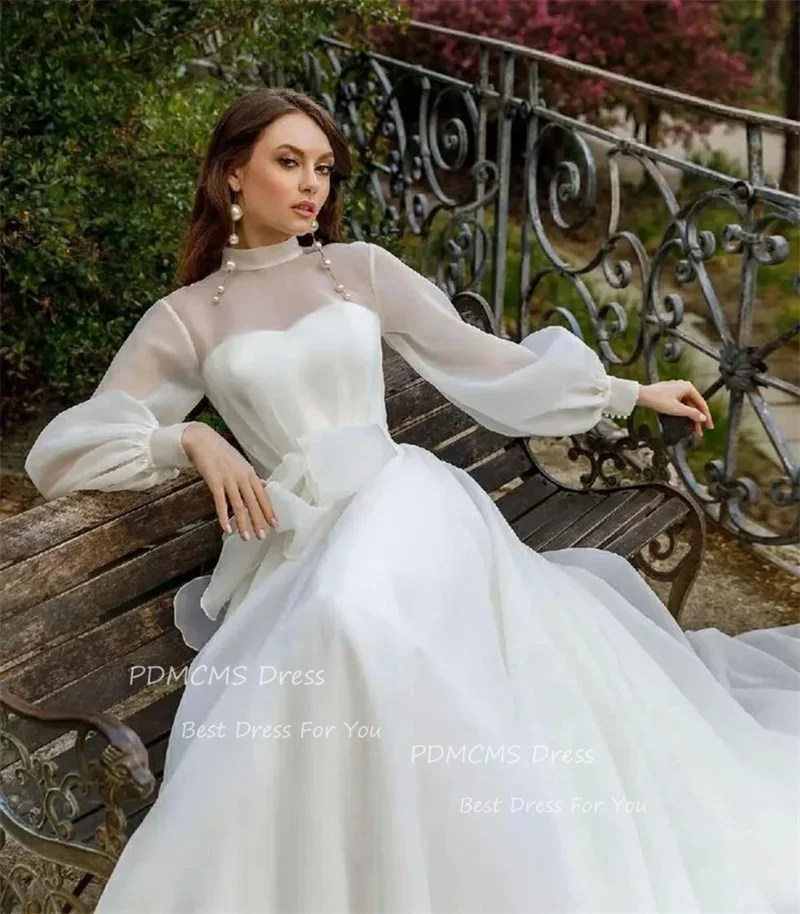 

Elegant Saudi Arabia Organza Boho Muslim Wedding Long Dresses Puff Sleeve Bride Dresses High Neck Bridal Party Sexy A Line Dress