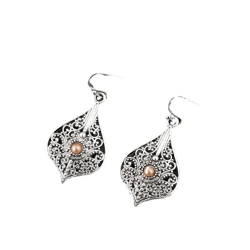 Ethnic Silver Color Round Brown Stone Hook Earrings Vintage Metal Carving Hollow Spiral Pattern Dangle Earrings for Women