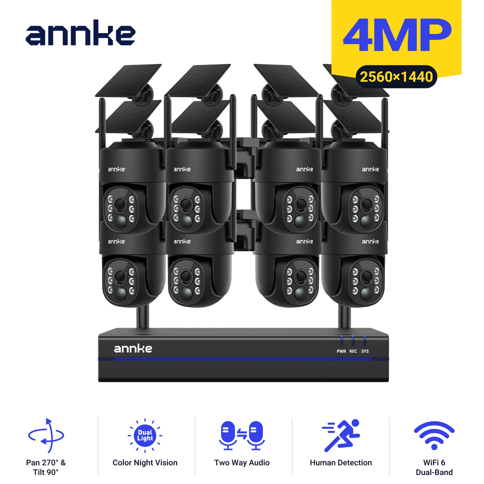 ANNKE 4MP PTZ Solar-Sicherheitskameras WiFi 6 Dual-Band 2,4G&5,8G 3,7V 9000mAh Akku Farb-Nachtsicht Schwarze Outdoor-WiFi-Kamera