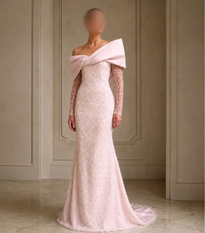Customized Pink Satin Bow One Shoulder Beaded Mermaid Gown | Custom Plus Size Available