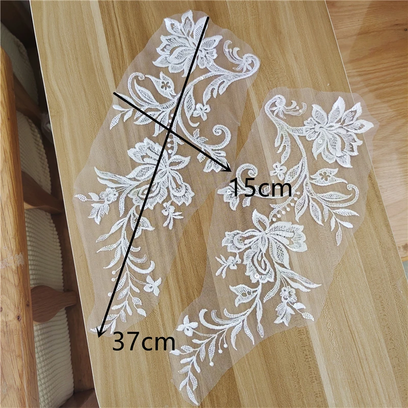 Flower Embroidery Sticker for DIY Decoration, Lace Cloth Applique, Off White, Skirt, Hem, Handmade, 15x37cm, 1 Pairs