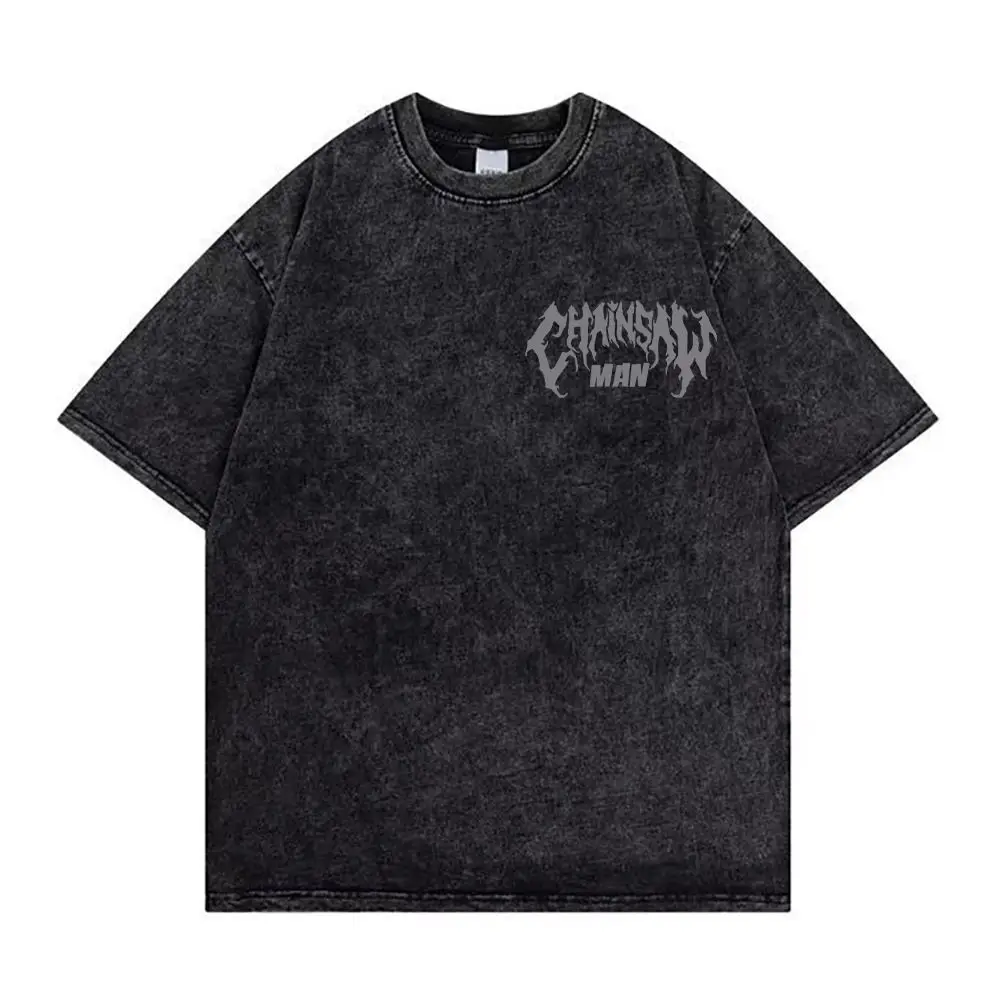 

Chainsaw Man 2026 Summer Vintage Washed Cotton T Shirt Oversized Streetwear Minimalist Death Metal Font Small Chest