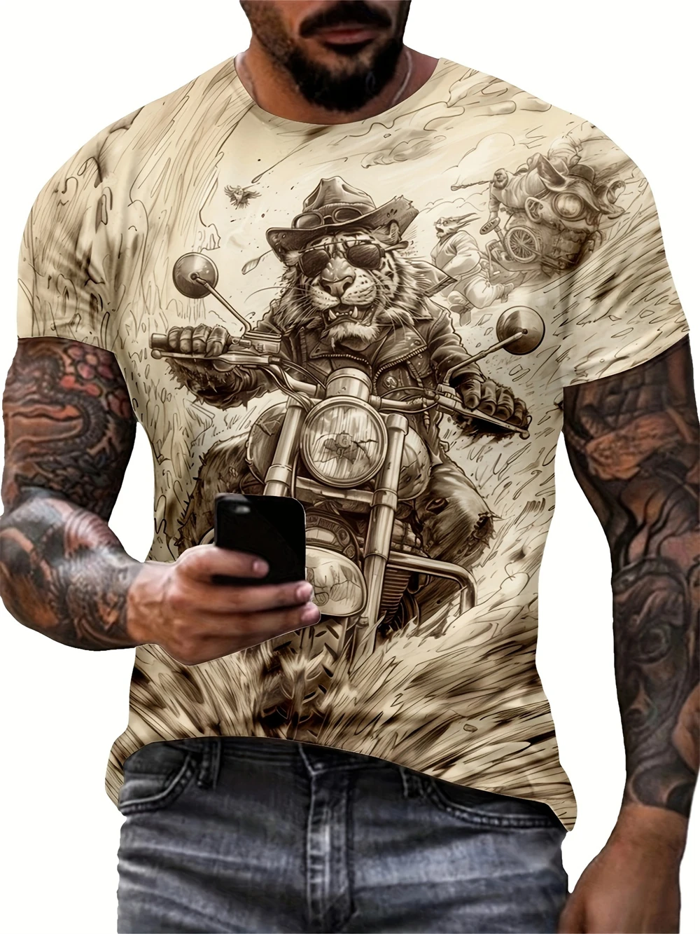 メンズ モンキー グラフィック プリント Tシャツ カジュアル 半袖 クルーネック Tシャツ メンズ服 夏用 アウトドア スポーツウェア メンズ Tシャツ