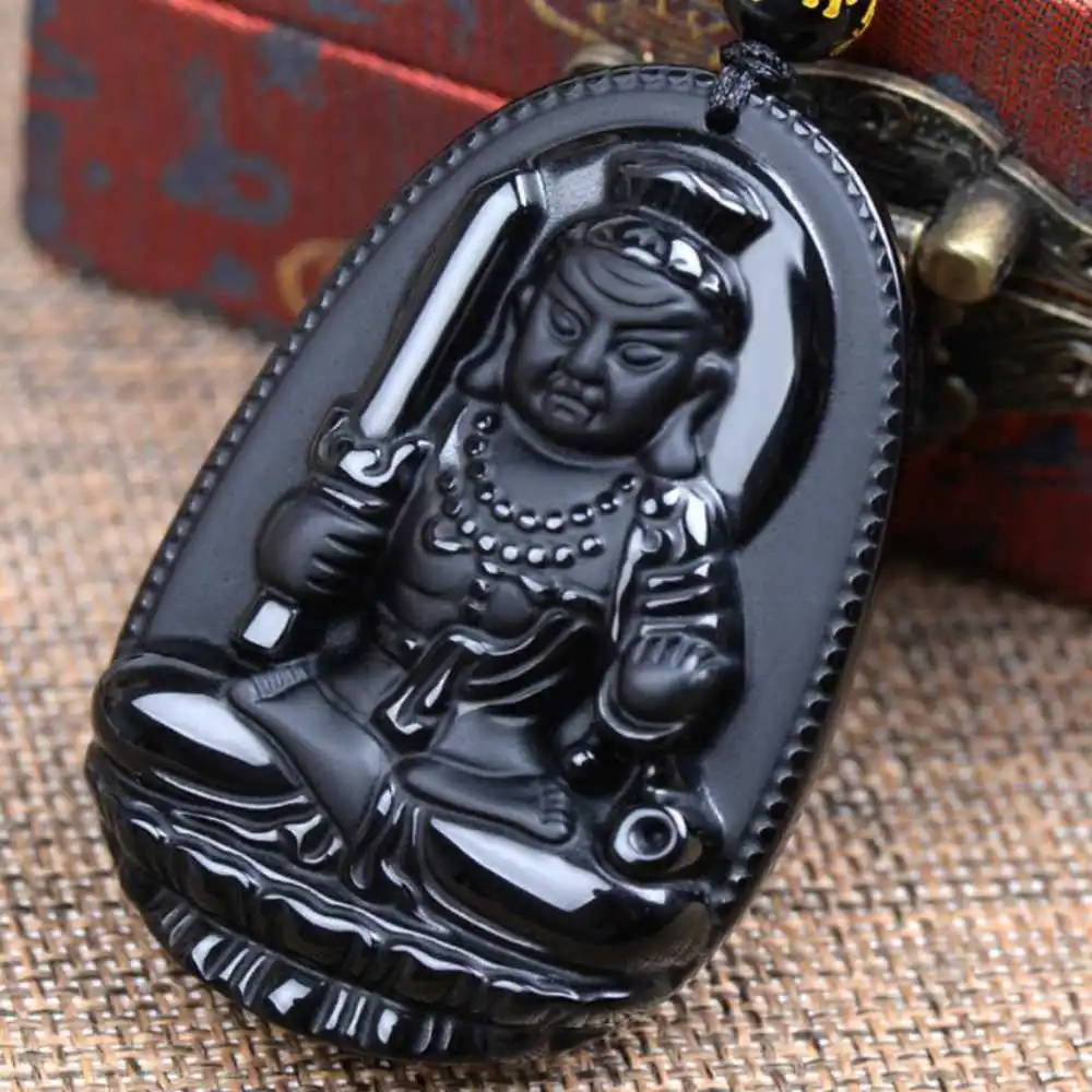 

Natural Obsidian Carved Bodhisattva Lucky Amulet Pendant Unisex Gemstone Crystal New Chakra Energy Clavicle Necklace Gold