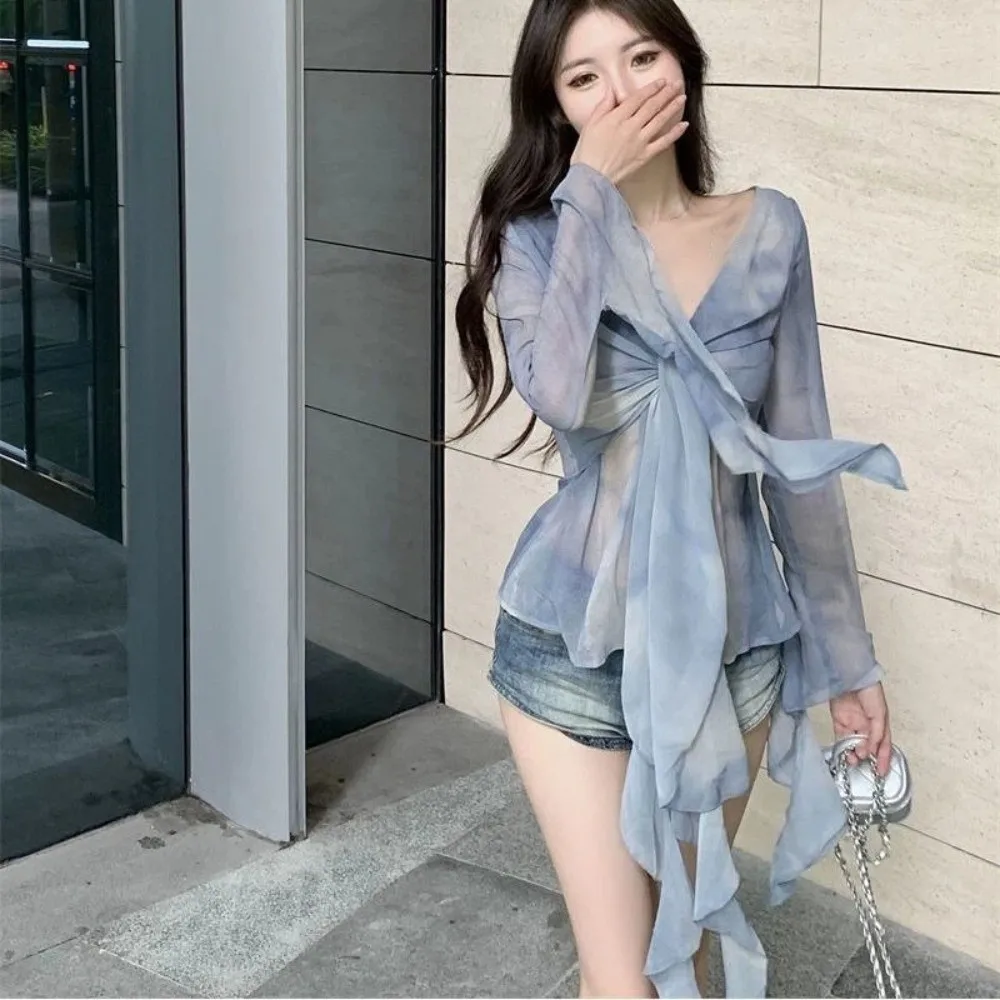 스트리트웨어 해파리 메쉬 벨트 티셔츠 엘프 긴팔 한국 Y2K 슬림핏 크롭탑 플리츠 칼라 투명