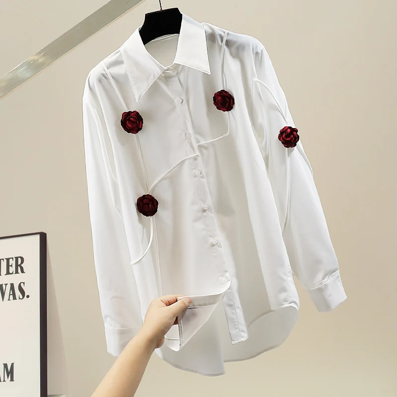 

Модная плотная белая блузка с длинным рукавом и розовым принтом, новый дизайн, элегантный топ для молодых женщин в 20-х годах.