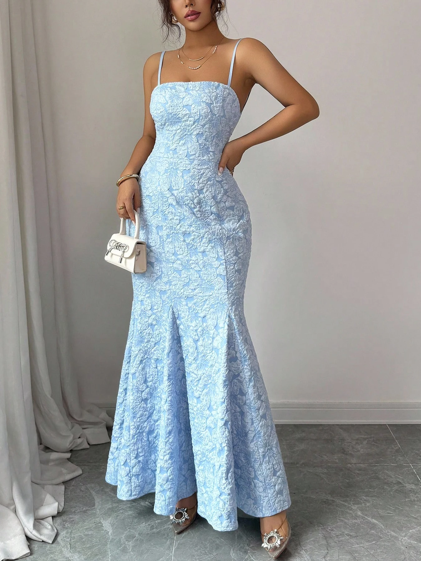 Women's Spring Summer Light Blue Spaghetti Strap Strapless Jacquard Mermaid Maxi Evening Party Dress