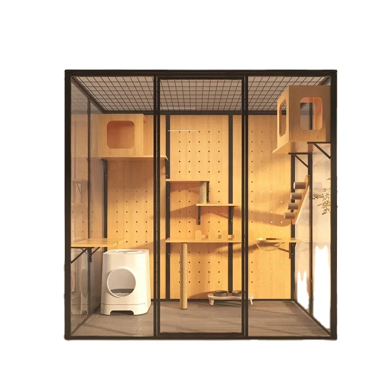 Luxury Cat Villa Glass House Solid Wood Pet Display Cabinet Large Space Cage Interior Paradise for Furry Friends