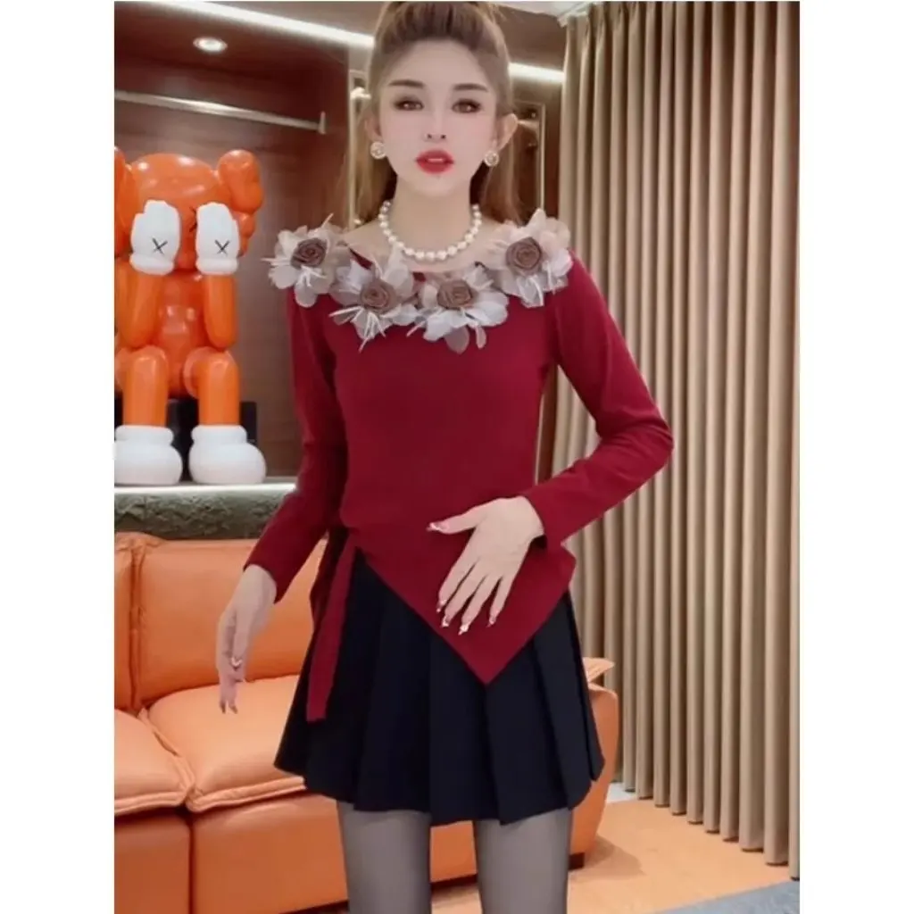 

Autumn Winter Women's Slim Fit T-Shirt with Three-Dimensional Flowers Irregular Strap round Neck Base Original Workmanship