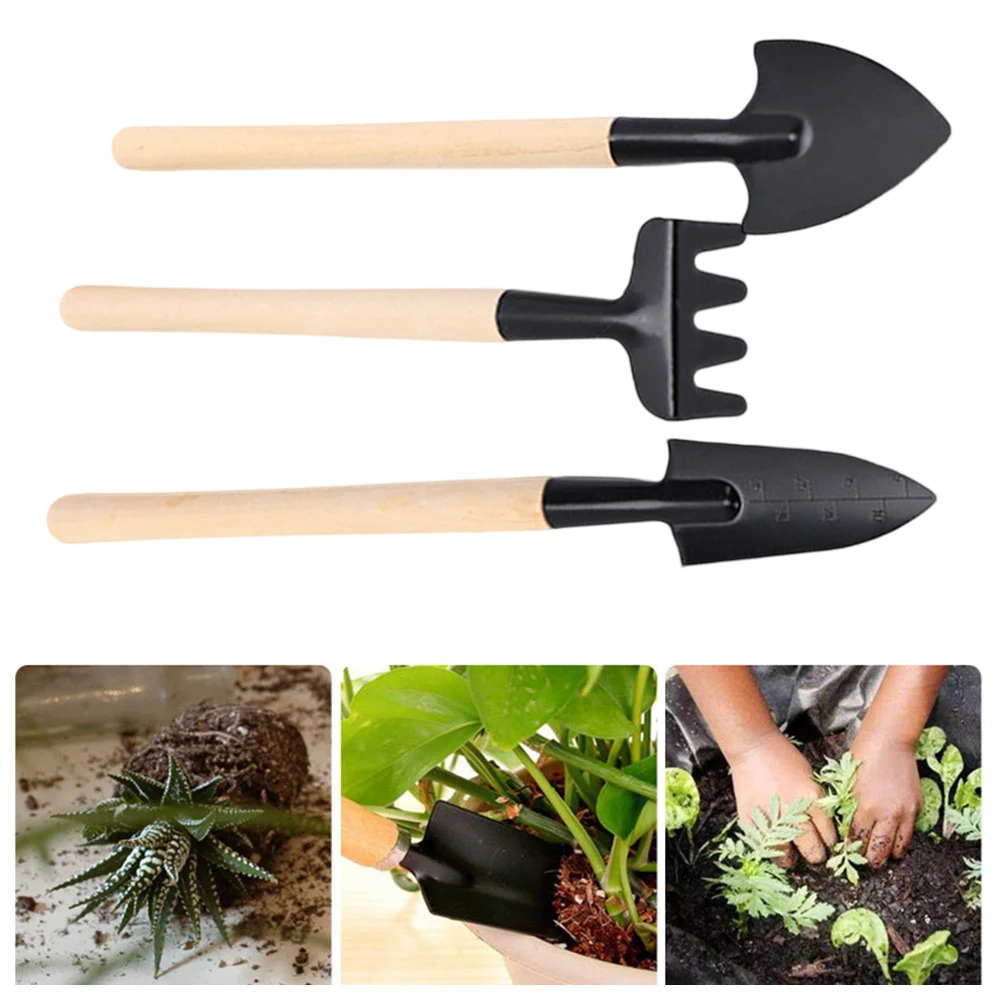 3 * pá ancinho jardinagem ferramenta de envasamento vaso de flores plantio pequena pá doméstica mini alça de madeira pá ancinho