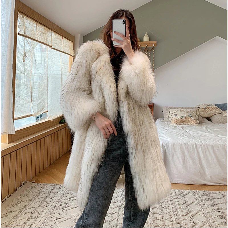 Raccoon fur Coat Women's Winter Thick Warm Outerwears Lapel Fur Cardigan Faux Fox Fur Jacket Furry Overcoat Elegant Lady 2023