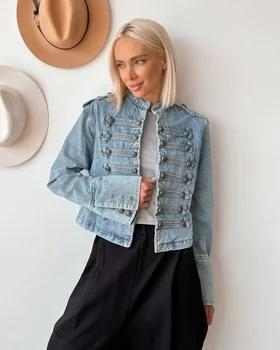 Vintage Denim Military Jacket Women Retro Solid Round Neck Single Breasted Slim Crop Coat 2026 New Lady Daily Street Outerwear 4 Vintage Denim Military Jacket Women Retro Solid Round Neck Single Breasted Slim Crop Coat 2026 New Lady Daily Street Outerwear 4