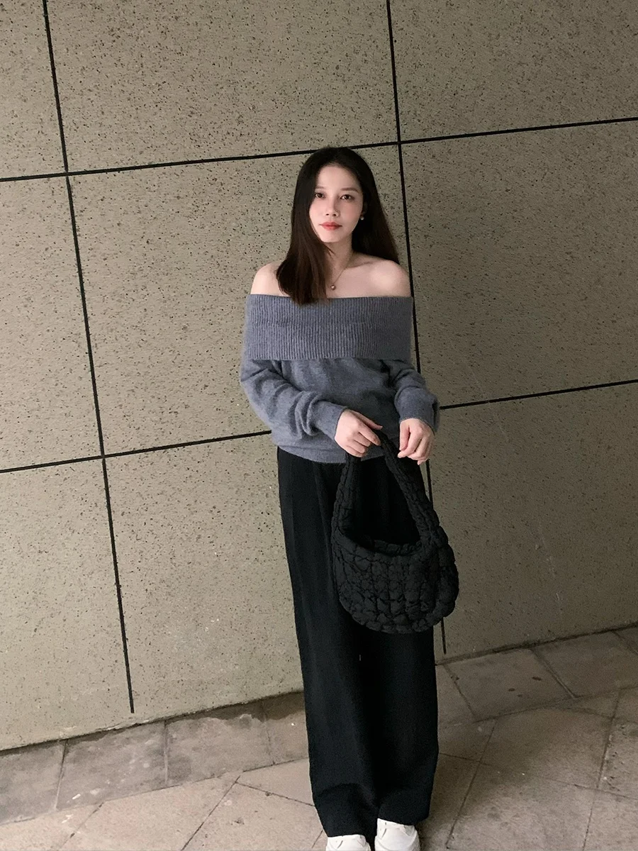 

Вязаный свитер LUNUNG из шерсти на одно плечо для женщин, теплый, для повседневной носки, с длинным рукавом, стандартной длины