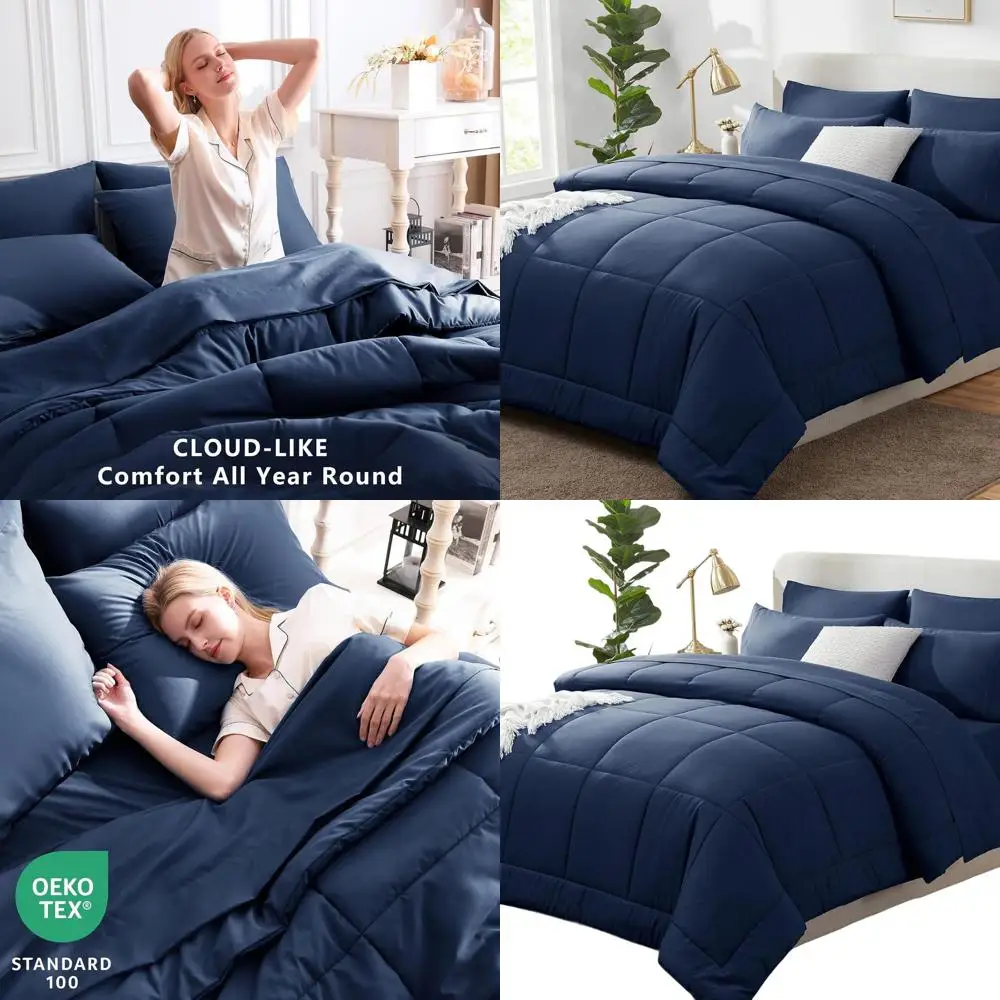 

7-Piece Navy Blue California King Bedding Set: All-Season Quilted Comforter, Sheets, Pillowcases