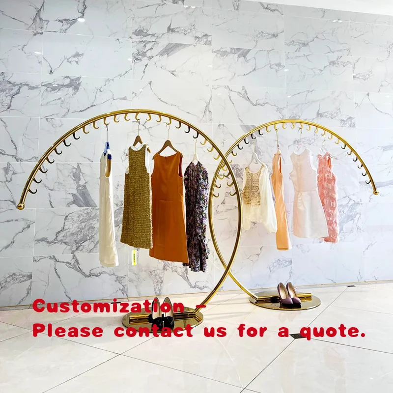 custom.Modern Floor-Standing Shiny Gold C Shape Children Clothes Hanger Shelf Round Side Hanging Clothes Rack Women's Clothing