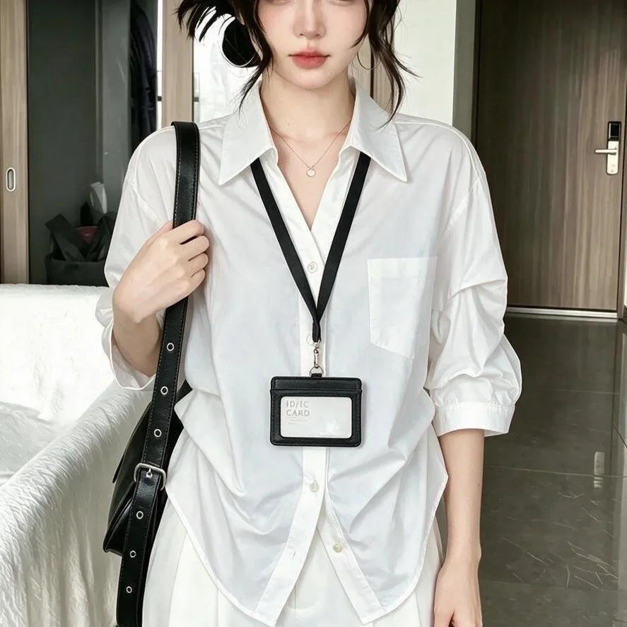 Elegant White  Collar Shirt Women's Spring Summer Loose Gathered Waist Design Loose Sleeve Long Shirt Female Top