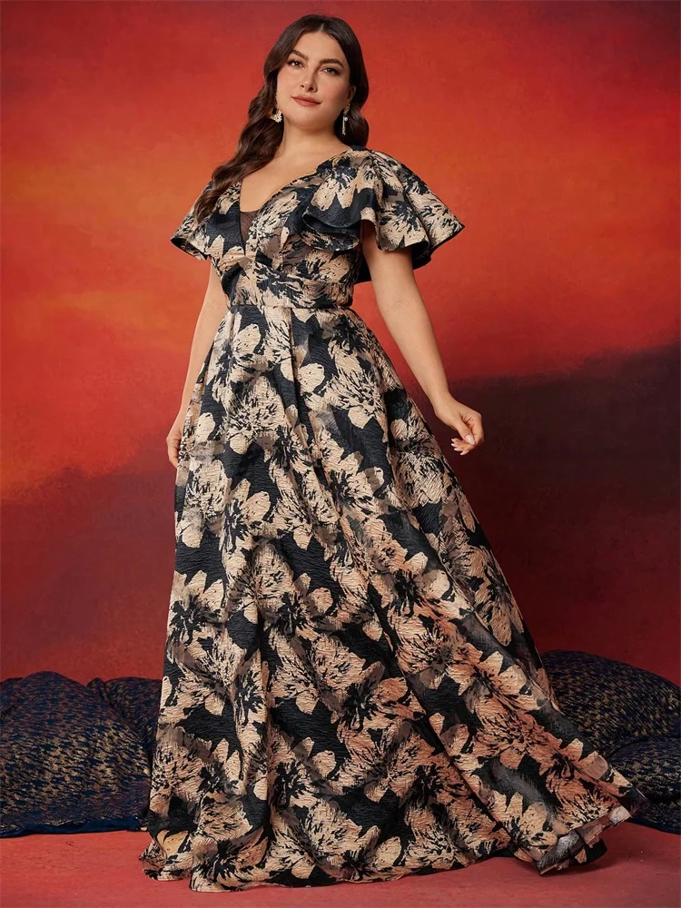 Lucyinlove Abiti da sera blu eleganti con scollo a V taglie forti Abiti da cocktail da ballo lunghi da donna di lusso in raso senza maniche