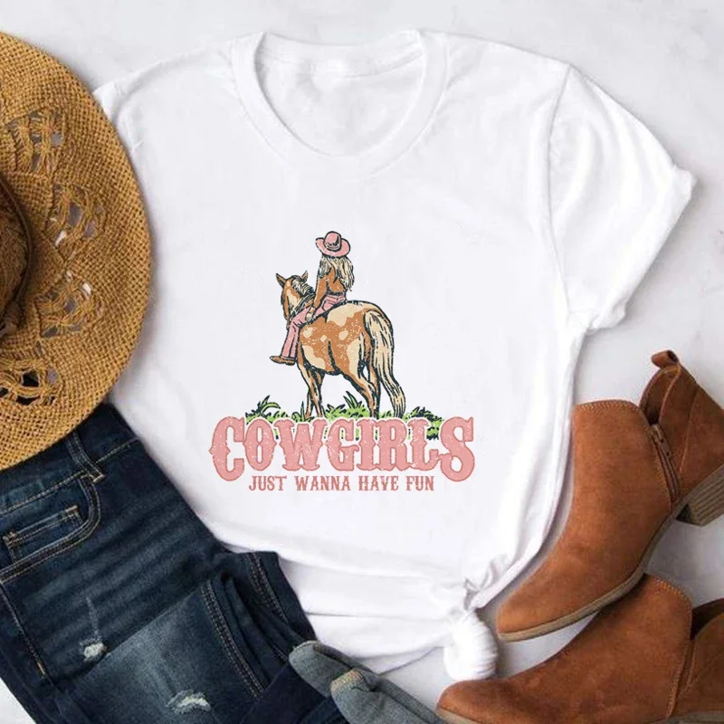 Fun Cowgirls Retro Country Western Graphic Tees Women Horse Rodeo Vintage Tshirt Cowgirl Summer Loose Cute T-Shirt  Top