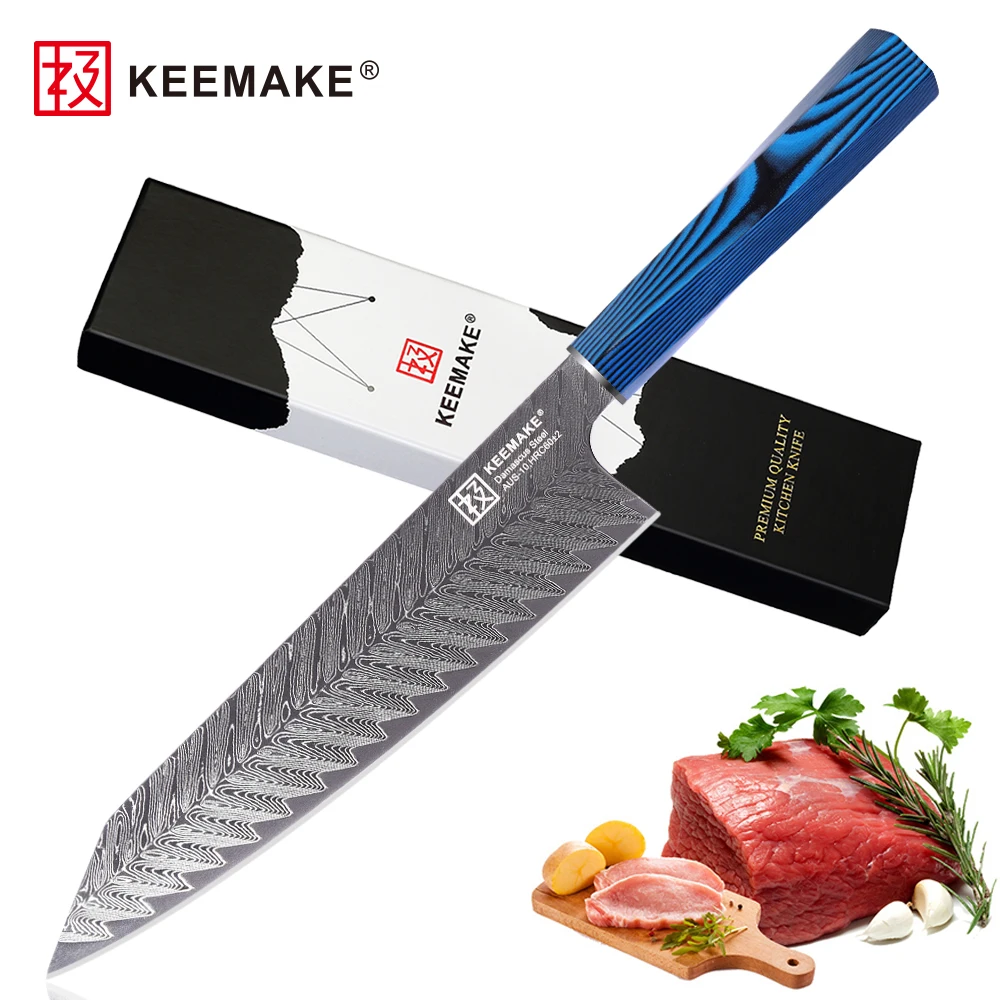 

Нож шеф-повара из дамасской стали KEEMAKE Gyuto, 8 дюймов, рукоятка G10, острый, в японском стиле, слайсер для приготовления пищи, резка фруктов, мяса, резьба, аксессуары