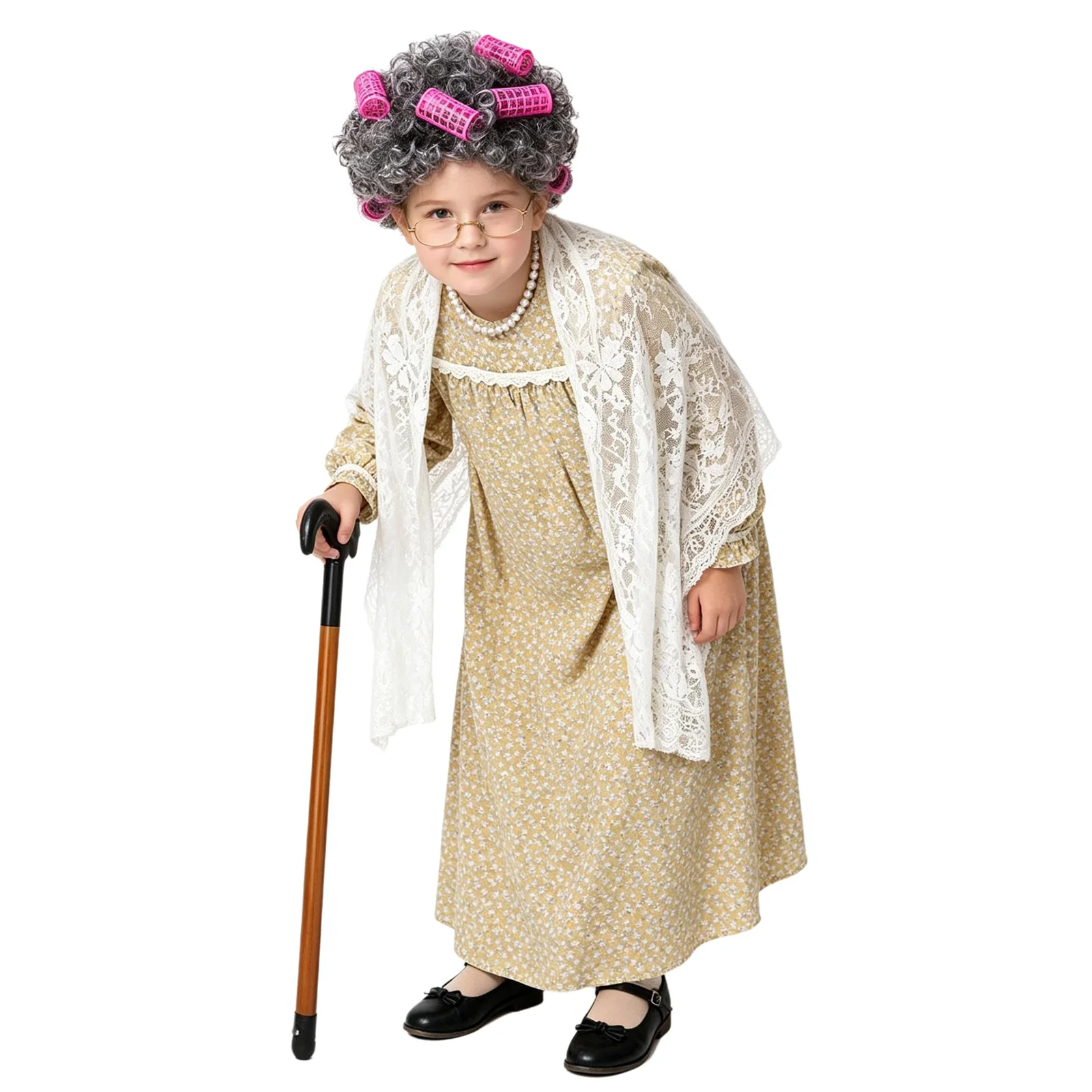 

100 Days of School Girls Old Lady Grandma Costume Long Sleeve Dress Accessories Lace Shawl Wig Necklace Glasses for Dress Up Day