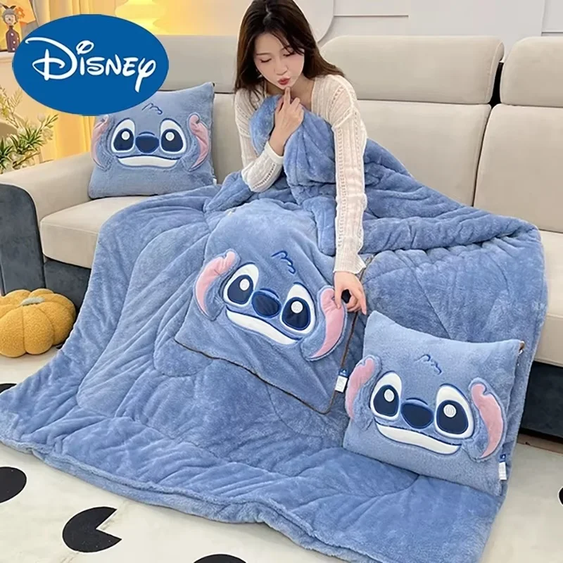 Hot Disney Stitch Throw Pillow Blankets Two In One Kawaii Flannel Thickened Nap Blanket Living Room Kids Bedroom Decoration Gift