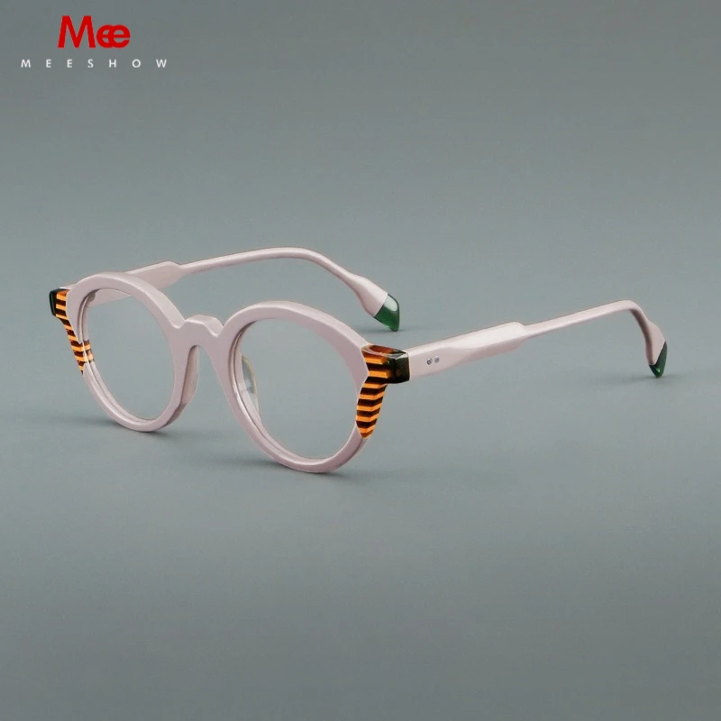 MEESHOW NEW 145mm Men's Retro Glasses Frames Fashion Men Acetate Frame New Round Handmade Stitching Color Customized Women Frame
