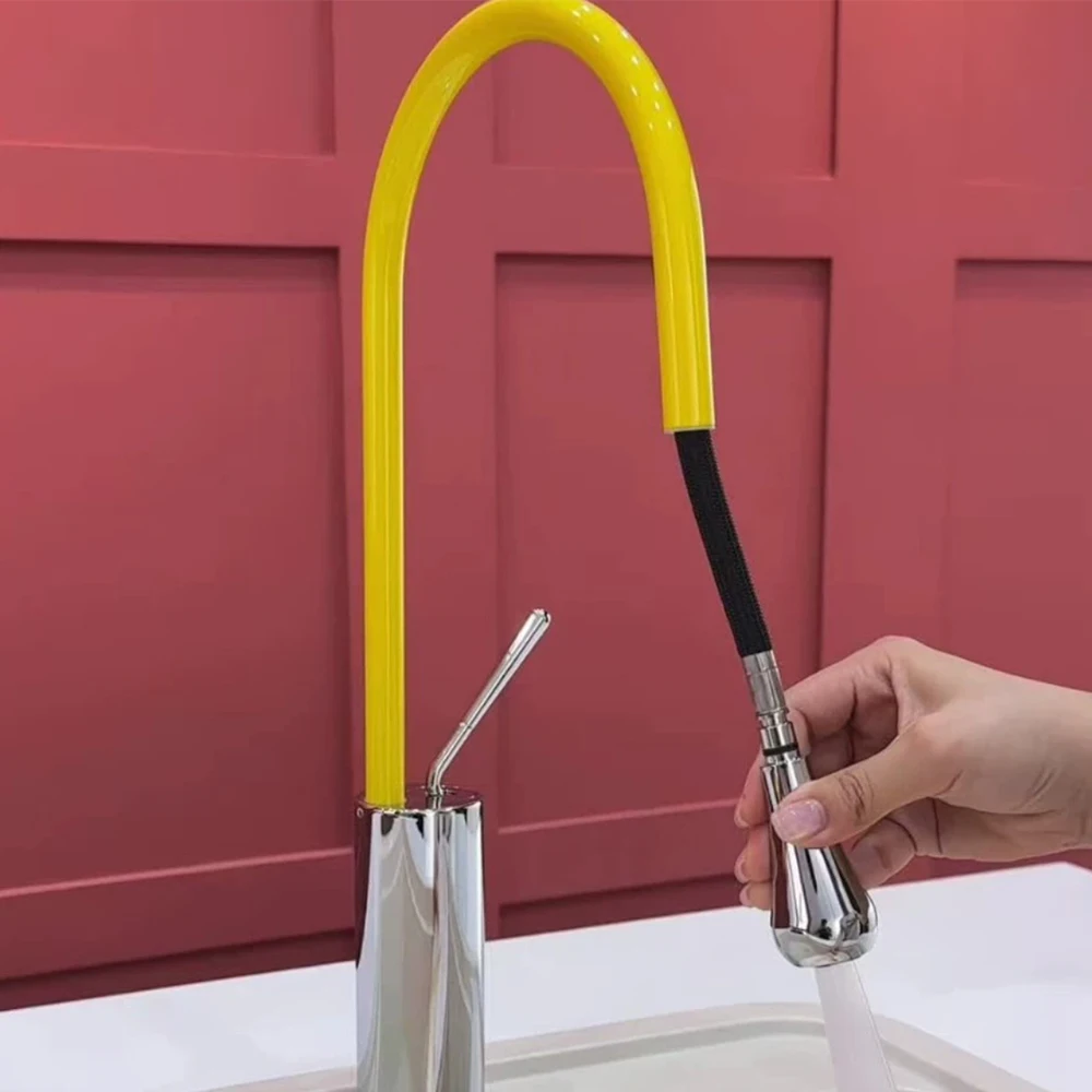 Yellow Color Kitchen Basin Faucet Brass Material Two Model Water Out Hose Pull Down Mixer Cold & Hot Single Handle Ceramic Core