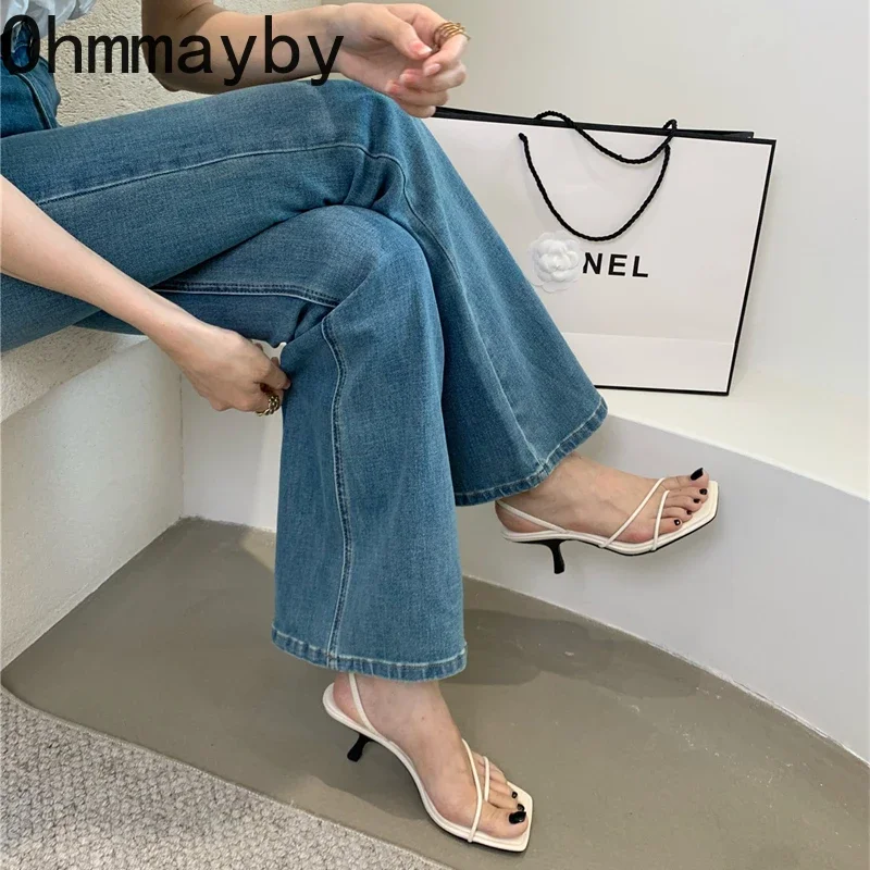 2024 Summers Women Slippers Fashion Elegant Narrow Band High Heel Slides Shoes Ladies Outdoor Gladiator Clip Toe Sandalias