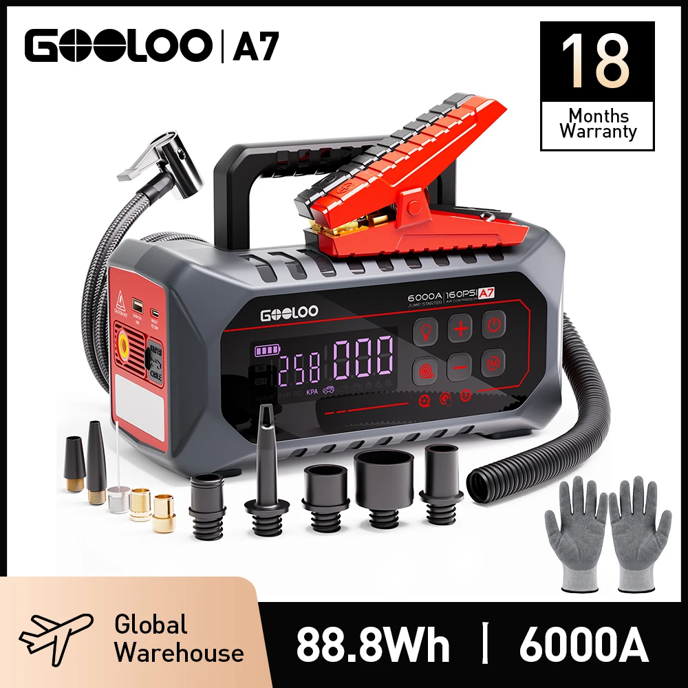 GOOLOO 24000mAh Przenośny Rozruchowywacz Samochodowy Power Bank 160PSI Pompka Powietrza Booster Akumulatora Samochodowego 12V Benzynowych i Diesla Powerbank Rozruchowywacz Akumulatora Samochodowego do
