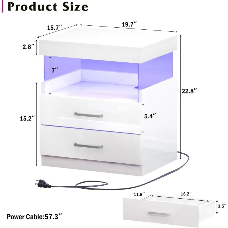 White Night Stand with Charging Station and LED Lights, Wood Night Stand with Drawers & Open Shelf, Smart Nightstand