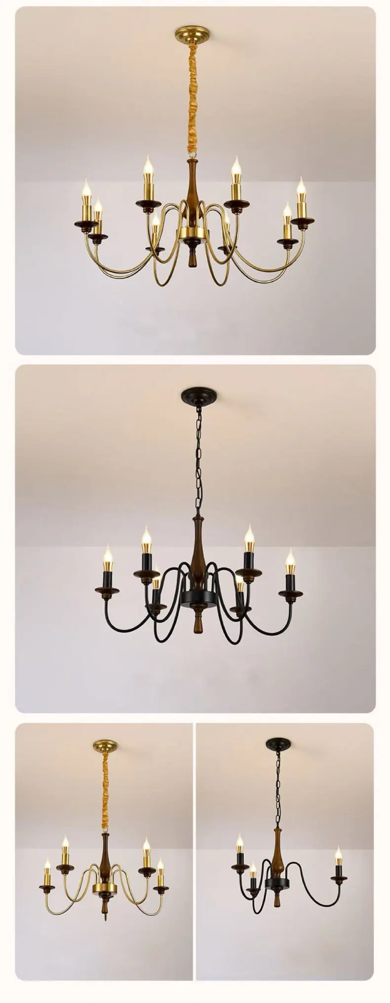 American Retro Candle Chandelier Living Room Solid Wood Iorn