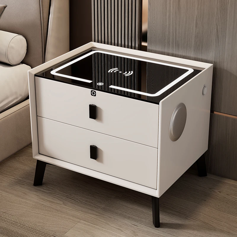 أثاث غرفة نوم ذكي فاخر بجانب السرير مصنوع من الخشب الصلب متعدد الوظائف للشحن اللاسلكي خزانة تخزين منضدة ذكية #1