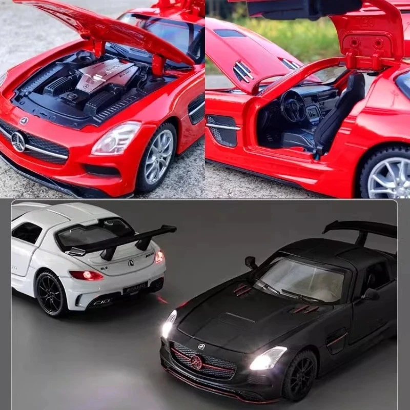 รถของเล่นโมเดลโลหะผสม SLS สปอร์ตคาร์ ขนาด 1:32 ของเล่นรถหล่อโลหะ มีเสียงและไฟ แบบดึงหลัง สำหรับเด็ก