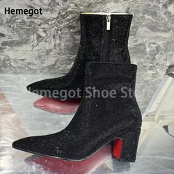 Men's Rivet Rhinestone High-Heeled Boots Winter Black Booties Retro Style High-Top Ankle Boots Zipper Casual Boots Shoes