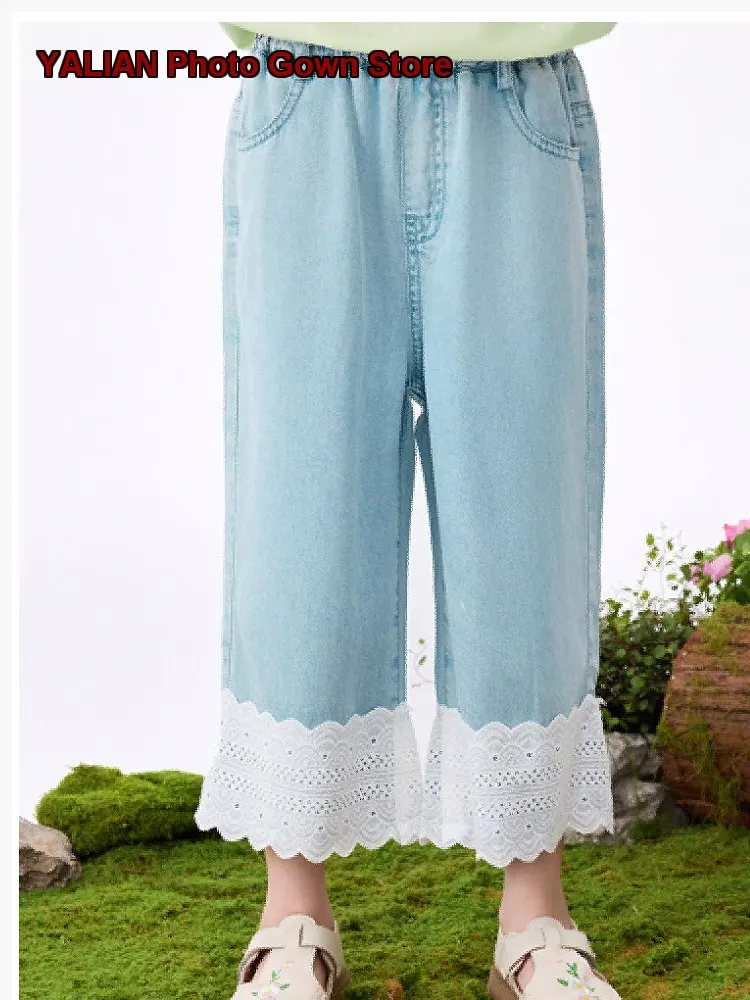 Girls Lace Trimmed Denim Wide Leg Pants Summer Sweet Anti-Mosquito