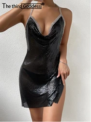 Sexy backless black metal sequin summer dress women 2026 beach rave outfit glitter mini club party dress evening dresses vestido