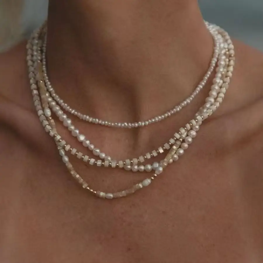 Vlen Mehrlagige Süßwasserperlenkette für Damen, 18K vergoldeter Perlenchoker, zierlicher minimalistischer handgefertigter Schmuck, Geschenke – Detail 1