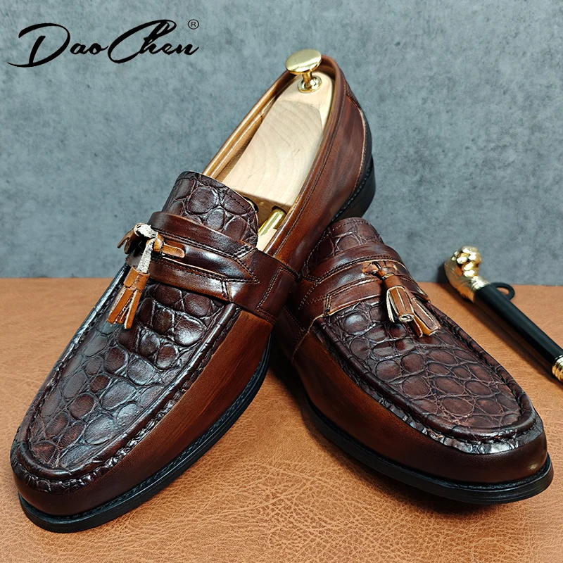 LUXURY MENS CASUAL SHOES GENUINE LEATHER MOCCASIN LOAFERS ITALIAN CROCODILE PRINT TASSELS DRESS SHOES SOCIAL SHOES FOR MEN