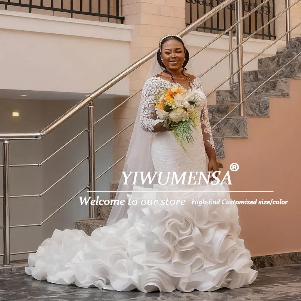 Luxurious Lace Appliques Wedding Dresses Scoop Neck Ruffles Tiered Mermaid Bridal Gowns Customized African Marriage Party Dress