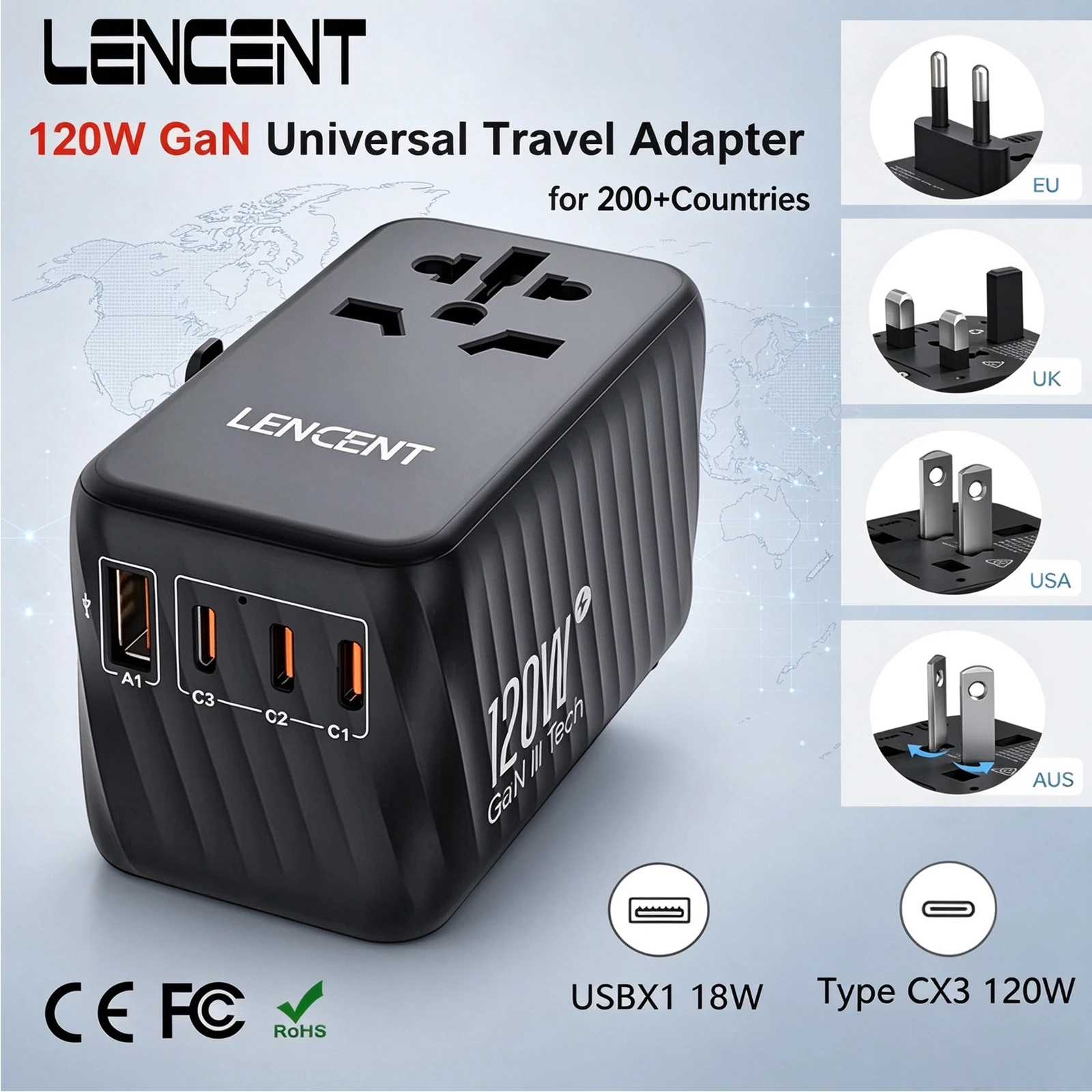 adaptador-de-viaje-universal-lencent-120w-gan-con-1-usb-a-3-tipo-c-compatible-con-pps-cargador-rapido-pd30-enchufe-para-ue-reino-unido-ee-uu-australia-para-viajes