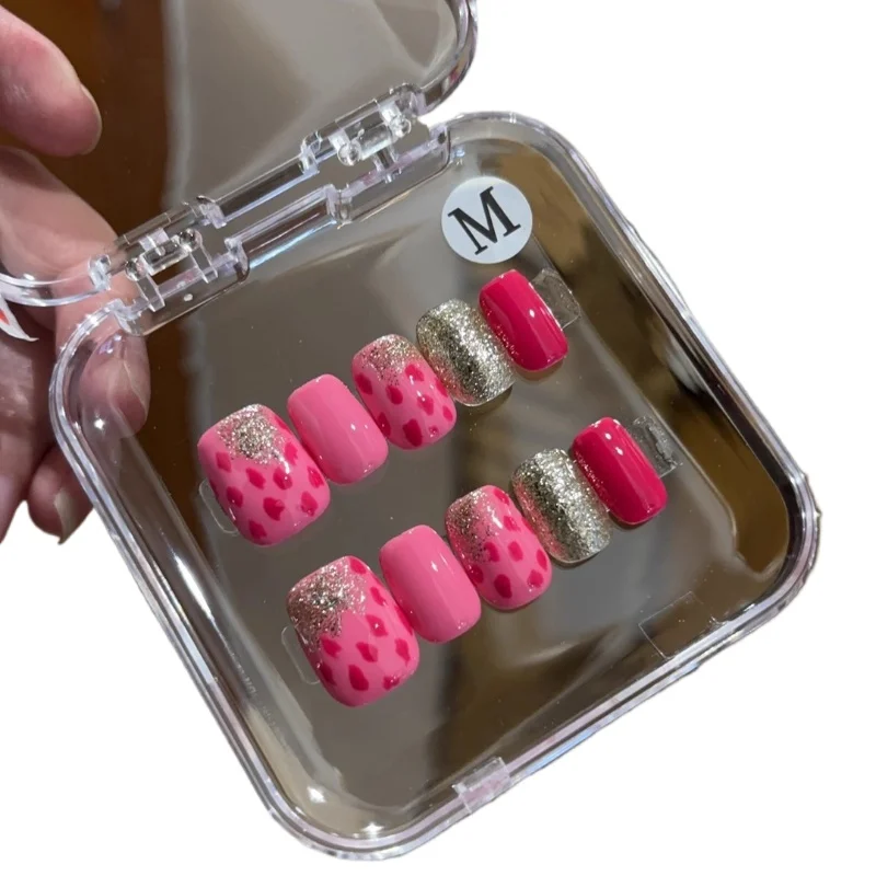

Pink series Spring and Autumn short leopard print shiny pure handmade whitening and wearing nail artmor removable