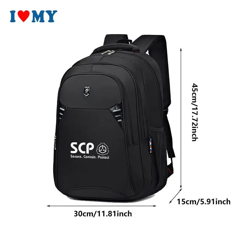 Black SCP Secure Contain Protect Print Sport Backpack, Large Capacity Unisex School Travel Bag for College Daily Commute