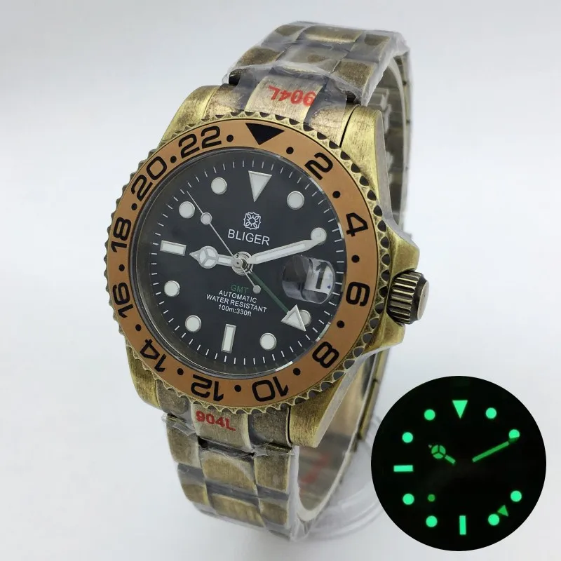 

BLIGER 40mm NH34 GMT Diver Men's Automatic Watch Bronze Case Set Sapphire Glass C3 glow Bronze Oyster bracelet